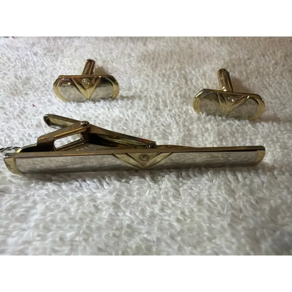 Vintage Gold Tone Tie Bar Cufflinks Set Clear Stone Men's Formal Jewelry Box